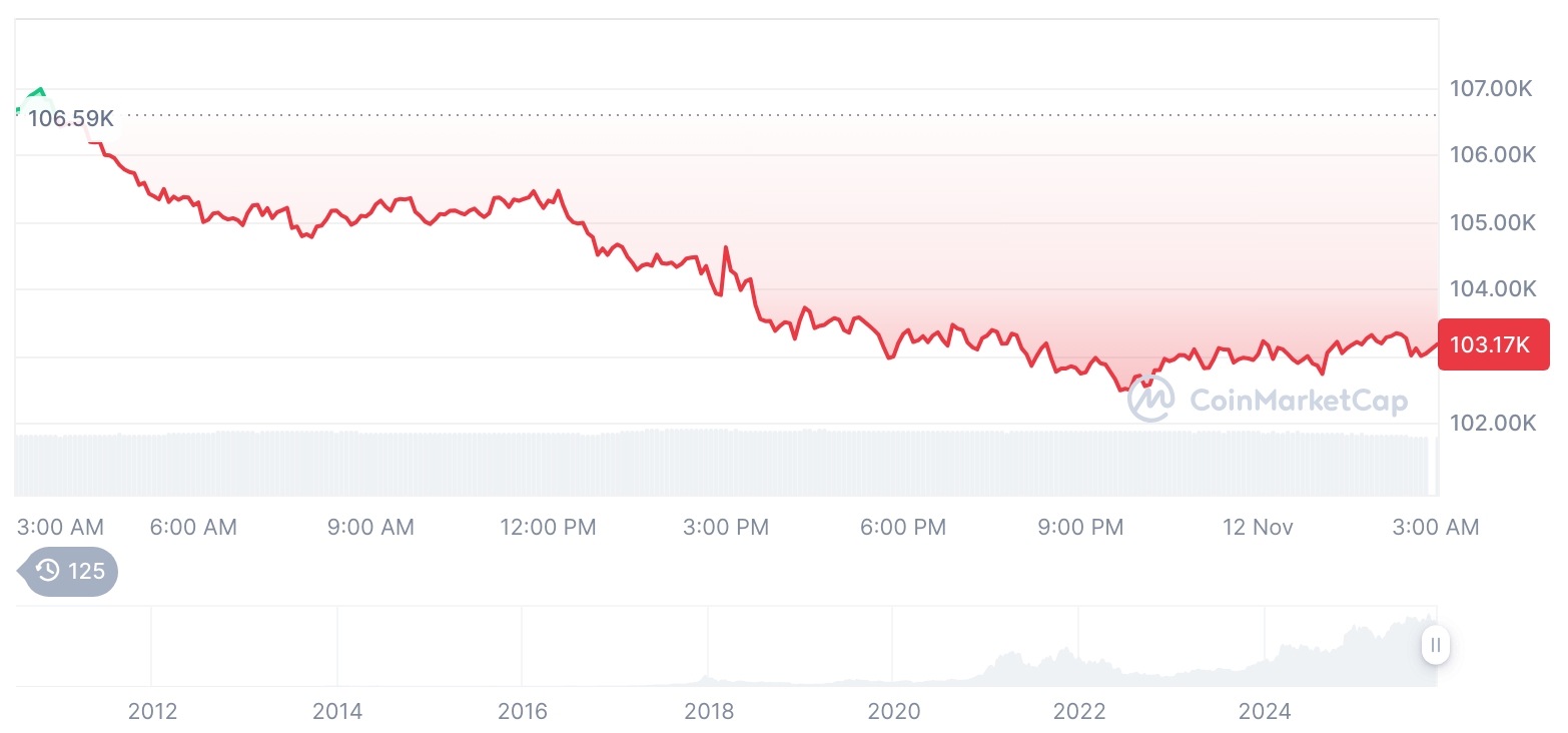 [오후 시세브리핑] 암호화폐 시장 하락세… 비트코인 103,112달러, 이더리움 3,425달러
