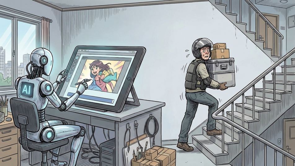 [토큰만평] 붓은 AI가 잡고 짐은 인간이 지는, 이 거꾸로 된 세상