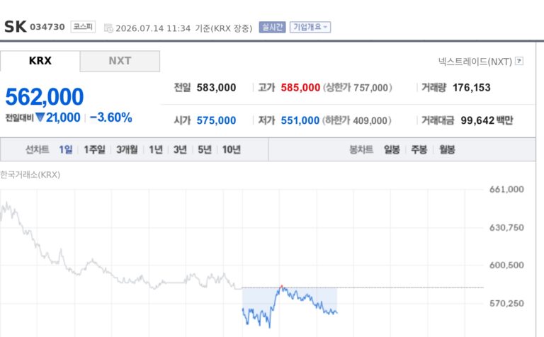 [특징주] SK(주), 차익실현에 약세…AI·반도체 재평가 급등 후 숨 고르기